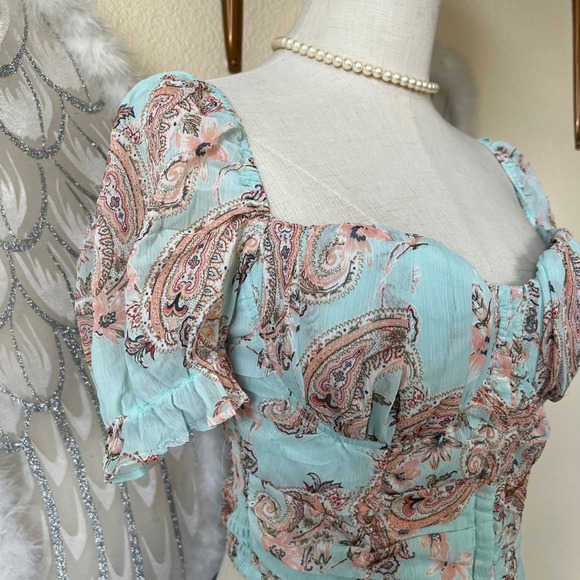 Romantic Floral Corset Top Ruched Puff Sleeve Paisley M Doll Cute Pastel Retro - Picture 3 of 9
